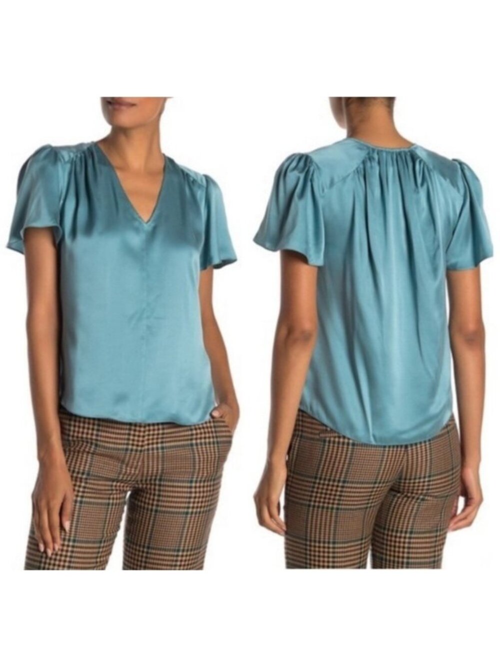 Rebecca Taylor Charmeuse Teal Blue Short Sleeve Silk Top V Neck Blouse New 8